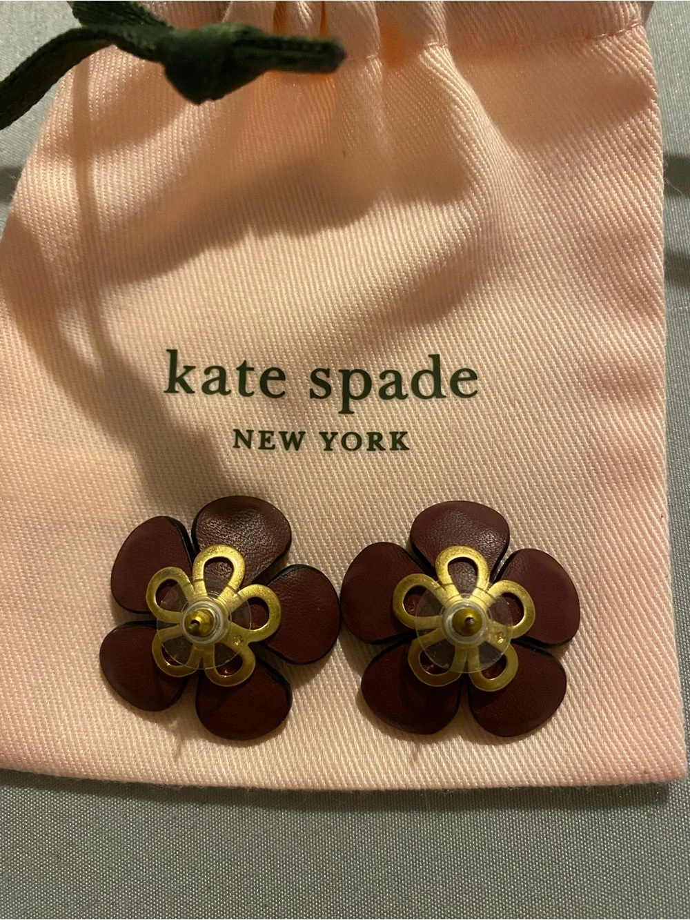 Kate Spade Brown Leather Flower Hair Clips with Pink Gem Centers